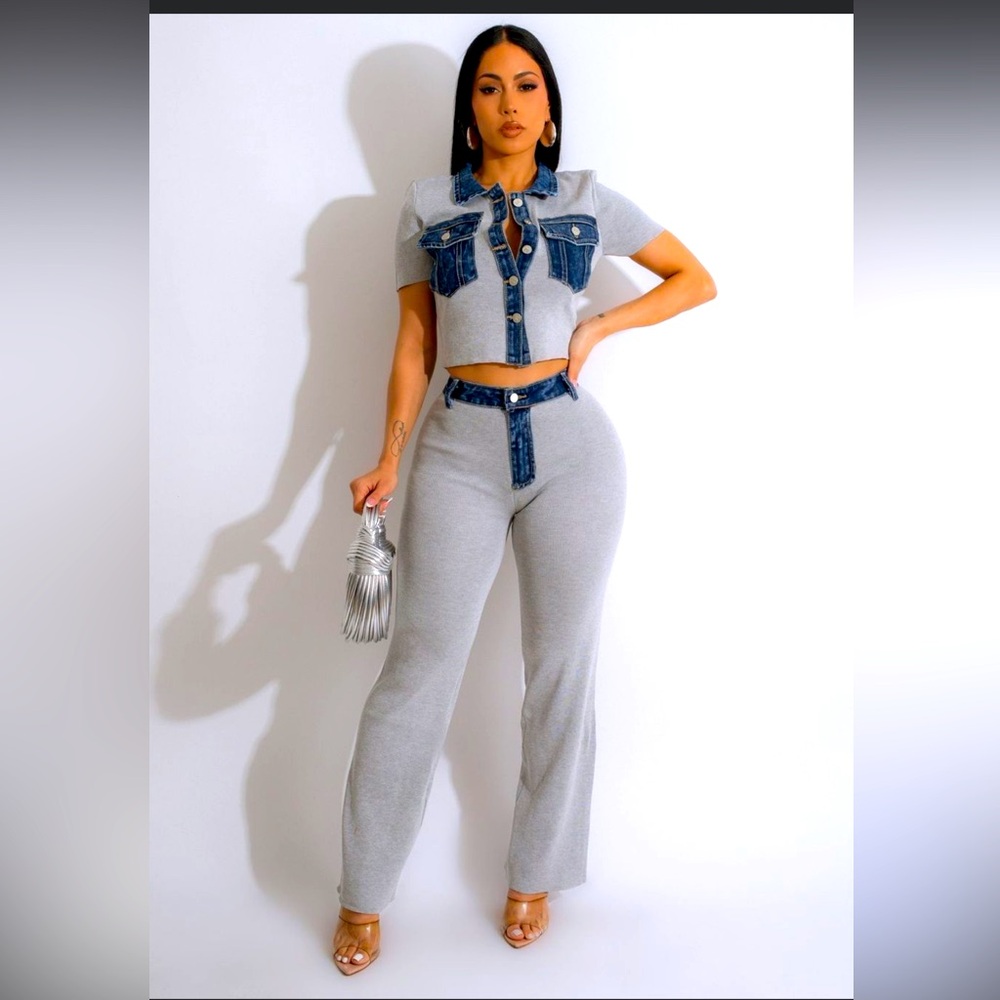 Denim 2 piece set shirt and pant grey